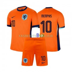 Camisola 1º Equipamento Seleção Neerlandesa Memphis Depay 10 Euro 2024 Manga Curta ,Criança