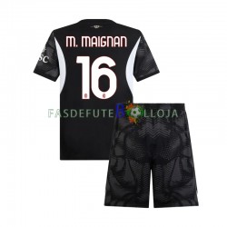 Camisola Guarda-redes 1º Equipamento AC Milan Preto Mike Maignan 16 2024-2025 Manga Curta ,Criança