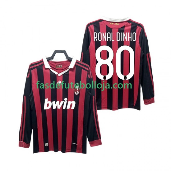 Camisola 1º Equipamento AC Milan RONALDINHO 80 2009 2010 Manga Comprida Retro ,Homem