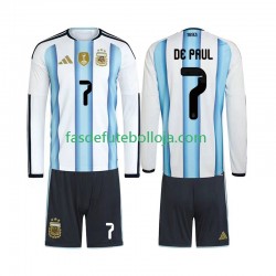 Camisola 1º Equipamento Seleção Argentina Rodrigo De Paul 7 World Cup 2026 Manga Comprida ,Criança