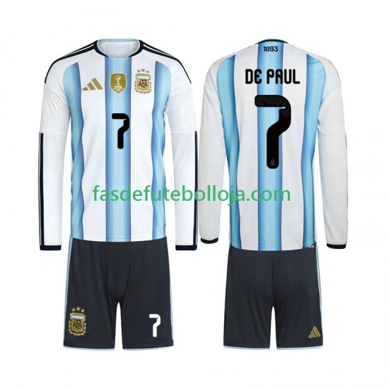 Camisola 1º Equipamento Seleção Argentina Rodrigo De Paul 7 World Cup 2026 Manga Comprida ,Criança