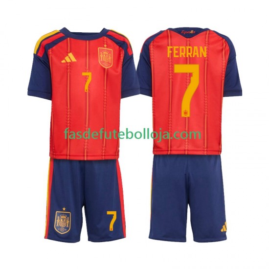 Camisola 1º Equipamento Seleção Espanhola Ferran Torres 7 World Cup 2026 Manga Curta ,Criança