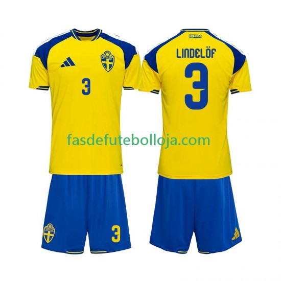 Camisola 1º Equipamento Seleção Sueca Victor Lindelof 3 2026 Manga Curta ,Criança