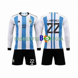 Camisola 1º Equipamento Seleção Argentina 3 Stars Lautaro Martinez 22 World Cup 2022 Manga Comprida ,Criança
