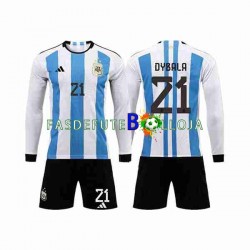 Camisola 1º Equipamento Seleção Argentina 3 Stars Paulo Dybala 21 World Cup 2022 Manga Comprida ,Criança