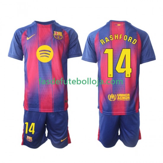Camisola 1º Equipamento FC Barcelona Marcus Rashford 14 2025-2026 Manga Curta ,Criança
