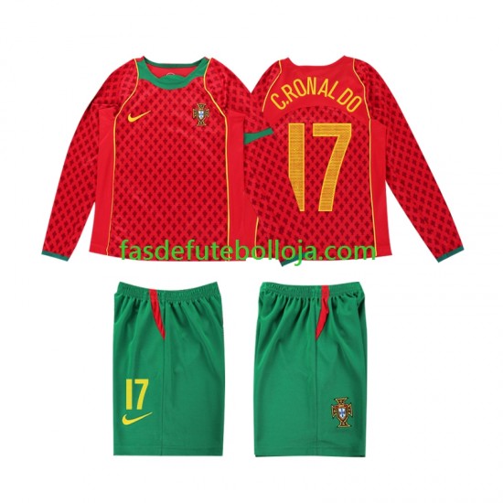 Camisola 1º Equipamento Seleção Portuguesa Cristiano Ronaldo 17 2004 Manga Comprida Retro ,Criança