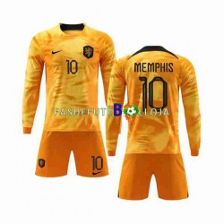 Camisola 1º Equipamento Seleção Neerlandesa Memphis 10 World Cup 2022 Manga Comprida ,Criança