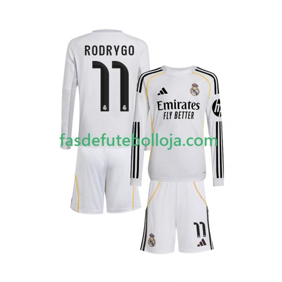Camisola 1º Equipamento Real Madrid Rodrygo 11 2025-2026 Manga Comprida ,Criança